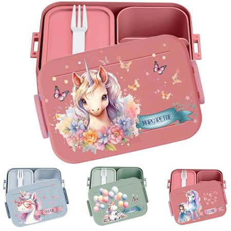 wolga-kreativ personalisierte Mepal Brotdose Einhorn - Vesperdose Kinder, Jausenbox Mädchen, Lunchbox mit Fächern, Kindergarten Schule Einschulung