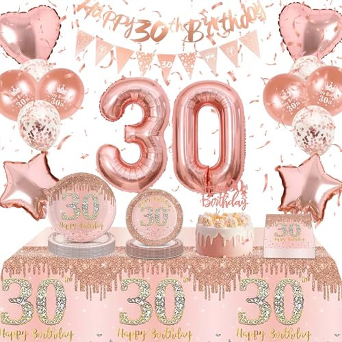 Rose Gold 30th Birthday Party Decorations Tableware Set Include 30th Birthday Balloons, Banner, Tablecloth, Cake Topper, Plates and Serviettes for Girls, Women,Her Party Birthdays Supplies Decoration