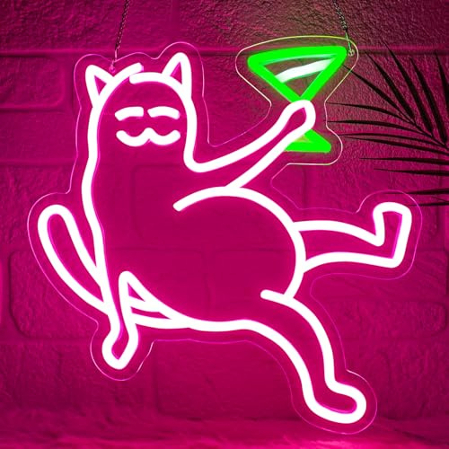 Lxmoneon Cat Neon Light Sign, Martini Cat Neon Light, Dimmable Pink Drinking Cat Led Neon Signs for Wall Decor, USB Bar Neon Sign for Bedroom Home Bar Drink Club Pub Man Cave Party Decor Gift