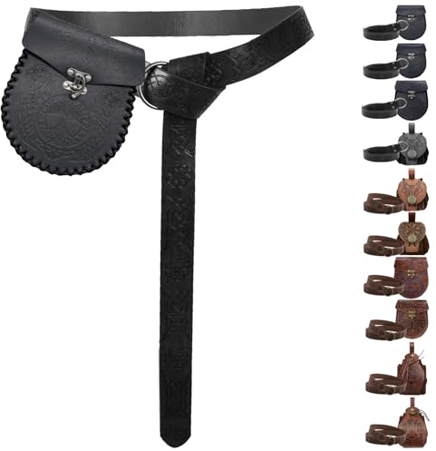 YOUYIKE Mittelalter Schwarz Geprägter Vintage Kunstleder Wikinger Gürtel und Seitentasche Set, PU-Leder Gürtel für LARP Herren Frauen (Black - D)