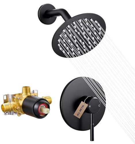 Wintap Black Shower Head, Shower Faucet Set with Pressure Balance Valve, SUS304 Stainless Steel Rainfall Shower System Wall Mount Shower Valve and Trim Kit