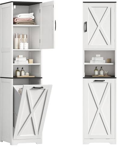 STHYTON Armoire de Salle de Bain Haute - Style Maison de Campagne - Panier à Linge inclinable - Compartiment Ouvert - Étagères réglables - Capacité de 44 l - Blanc et Noir - 40 x 36 x 170 cm