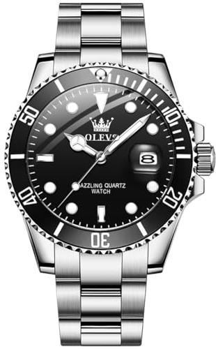 OLEVS Watches for Mens Silver Stainless Steel Rotatable Bezel Calendar Big Face Watches Men Black Dial Analogue Quartz Men's Dress Watch Waterproof Luminous with Date Mens Watch Reloj para Hombre