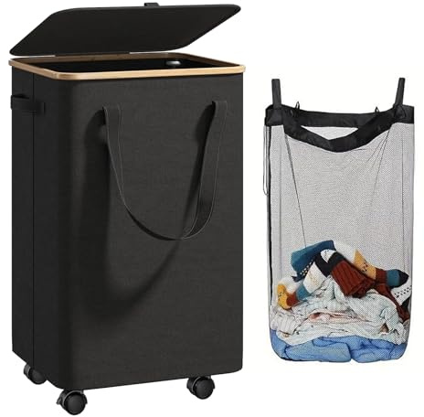 Paniere a Linge Sale,Panier à linge avec doublure amovible Tissu oxford imperméable avec structure en bambou 4 roulettes pivotantes,Bac a linge adapté aux appartements, dortoirs