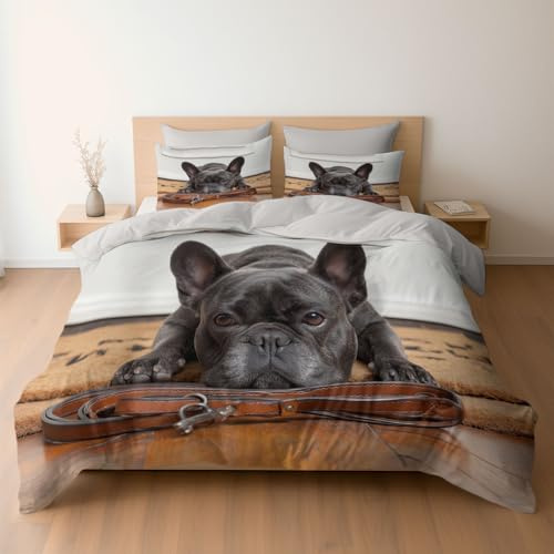 Générique Housse de Couette 90 x 190 Bouledogue Français avec Collier, Haut de Gamme Parure de Lit et 1 x Taie d'oreiller, Lot de 2, Beige Clair, Linge de Lit en Microfibre avec Fermeture Éclair