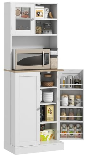 HOMCOM 169cm Kitchen Cupboard, Freestanding Storage Cabinet with Microwave Shelf, Adjustable Shelves & 8 Door Storage, Modern Kitchen Pantry with Glass Door for Living Room, Dining Room, White