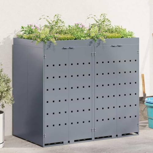 Mokuyary Rangement de Poubelle à roulettes pour 2 poubelles Gris Clair, Abri de Jardin Cache pour poubelles, Conteneur d'extérieur Coffre de Rangement
