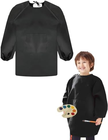 LOZTBUE Malschürze Kinder, Bastelschürze Kinder mit Ärmeln und 1 Taschen Wasserdicht Kinder Malkittel 8-12 Jahre, Verstellbare Kochschürze Kinder für Basteln Malen Backen Kochen - Schwarz