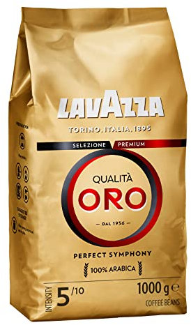 Lavazza, Qualità Oro, Café en Grano Natural, Ideal para la Máquina de Café Espresso, con Notas Aromáticas de Frutas y Flores, 100% Arábica, Intensidad 5, Tueste Medio, Paquete de 1 kg