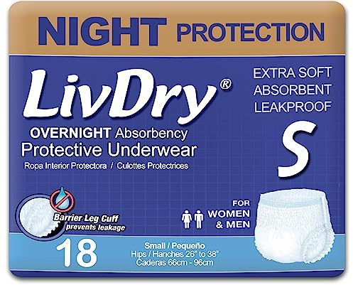 LivDry Adult S Incontinence Underwear, Overnight Comfort Absorbency, Leak Protection, Small, 18-Pack