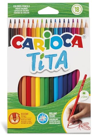 CARIOCA TITA, Matite Colorate, Set di Matite in Resina Esagonali, Pastelli per Bambini e Adulti, Ideali per Disegnare e Colorare, Scrittura Morbida, Colori Assortiti, 18 Pezzi