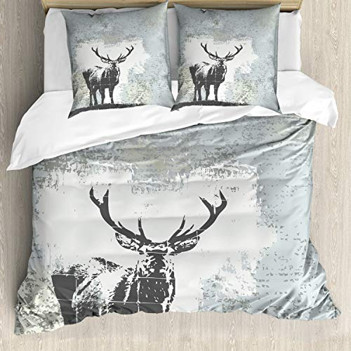 ABAKUHAUS Geweih Bettbezugs Set Für Doppelbetten, Hirsch Silhouette Grunge, Milbensicher Allergiker geeignet mit Kissenbezügen,Grau schwarz