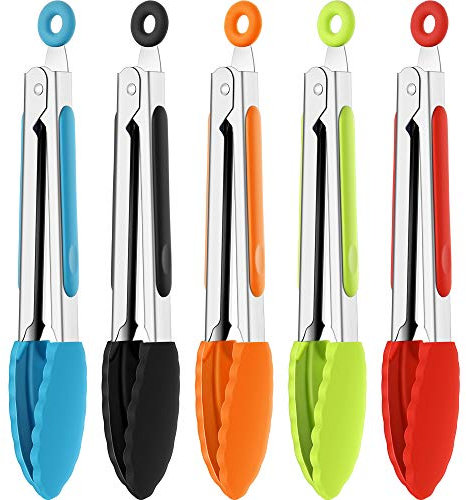 Mudder 5 Stück 7 Zoll Silikon Zange Mini Küchen Zange mit Silikon Spitzen Kleine Servier Zange Edelstahl Kochzange zum Salat, Grillen, Braten und Kochen