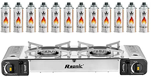 Mianova Campingkocher Doppel Gaskocher 2 flammiger Shisha Anzünder Grill Notfallkocher Kühltasche Gaskartuschen Gas Kocher Set Silber 12 Gasflaschen