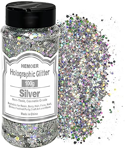 HEMOER Holographic Chunky Glitter, 100g Silver Cosmetic Sparkle Body Glitters for Body, Face, Eyes, Nail, Hair, Resin Crafts, Wedding Festival Party Art and More-3.52oz/Bottle