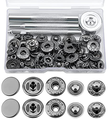 LUTER 12 Sets 15mm Druckknopf-Befestigungsset Kit Nähen Abnehmbare Metall-Hochleistungs-Druckknöpfe Mit 4 Metall-Installationswerkzeugen für kleidung Jeans Hosen Leder Taschen Jacken (Schwarz)