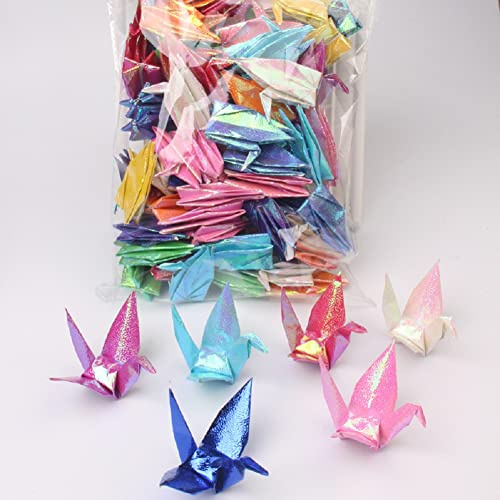 100Pcs Iridescent Premade Origami Paper Cranes Folded 1000 Japanese Cranes DIY Birds Mobile String Garland for Wedding Party Backdrop Decorations (Mutil Color, 10CM)