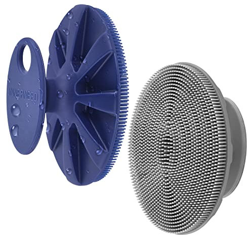 INNERNEED Silicone Face Exfoliating Brush Manual Handheld Facial Cleansing Scrubber Blackhead Remover, Food-Grade Soft Bristle (Dark Blue+Gray)