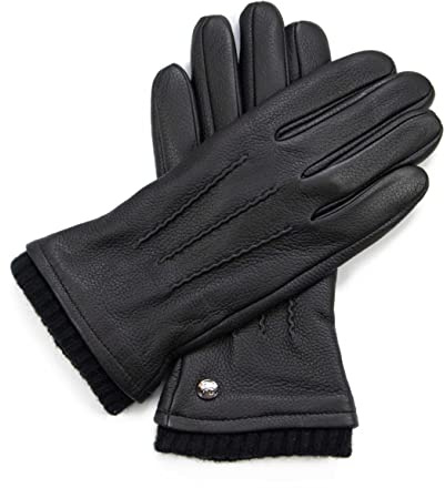 Hand Gewand by Weikert Lederhandschuhe aus Hirschleder mit Kaschmirfütterung, mit warmer Strickstulpe, Herren Hirschlederhandschuhe, warm gefüttert, schwarz