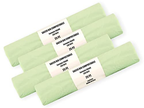 Shopperpack 100 Sacchetti per Umido Organico Compostabili cm 50x60 30 litri - 4 Rotoli da 25 pezzi - Sacchi per raccolta rifiuti umidi (100)