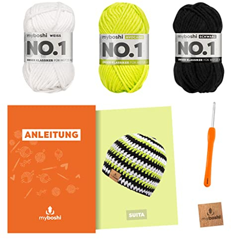 myboshi Häkelset Mütze Suita für Anfänger, inkl. No.1 Wolle, Nadel und Anleitung, original Label, Häkelpaket, 30% Merinowolle Weiß, Grün, Schwarz, mit Häkelnadel