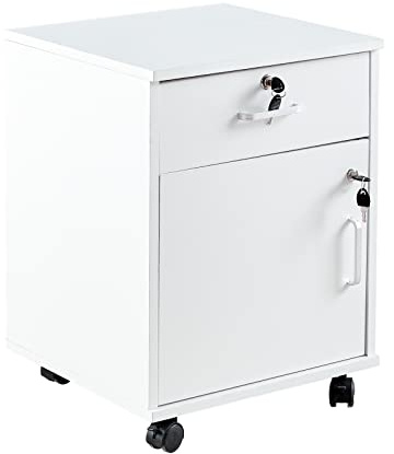 CLIPOP Abschließbarer Rollcontainer, 1 Schublade + Fach, 40 * 40 * 57cm | Holzwerkstoff, für unter den Schreibtisch, für A4 Papier & Aktenordner, weiß, kompaktes Design