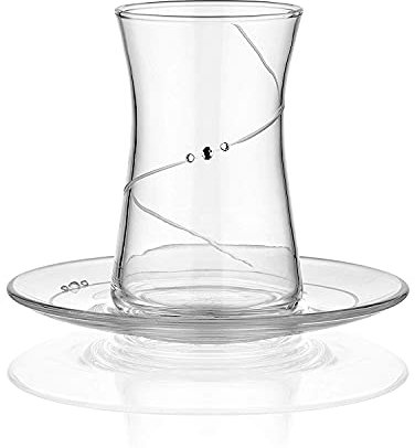 Decostyle Premium Service à thé turc Paşabahçe, service à thé en verre et soucoupes, lot de 12, parfait pour goûter, cadeau, pendaison de crémaillère, mariage, anniversaire (lot de 6), 12 pièces