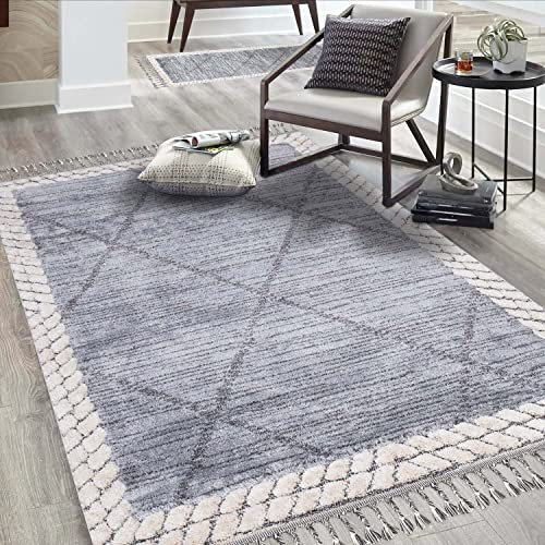 carpet city Teppich Wohnzimmer Boho-Stil Graublau, Creme - 120x170 cm - Raute-Bordüren-Look - Relief-Optik, 3D-Effekt - Cut-&Loop, Sisal - Moderne Fransen-Teppiche Schlafzimmer