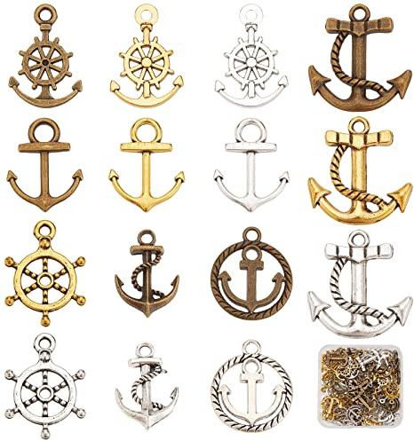 SUNNYCLUE 1 Scatola 90 Pezzi 15 Stili Ancora Charms Bulk Timone Nautico Timone Charms per Vela Oceano Fascino In Lega Stile Tibetano per Creazione di Gioielli Charms Collane Collana Fai Da Te Braccial