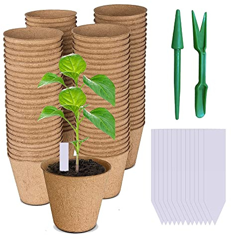 Set da Vasetti per Piantine, Vasi Biodegradabili, 100 Pezzi Pianta in Vaso di Torba, biodegradabili di Torba, per Piante,Semi Piantine Fiori,Giardinieri,Botanici,in cellulosa, Rotondi, D: 8 cm