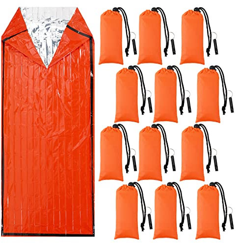 12 Set Notfallschlafsack Survival Bivvy Sack mit Pfeifen Leichte Tragbare Thermo Survival Bag Dickes Mylar Notfallzelt mit Kapuze Verlängerung Nylon Stuff Sack für Camping Wandern Outdoor