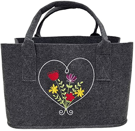 BUSDUGA 4256 Filztasche Wildblumen grau, ca. 40x26x26 cm, faltbare Einkaufstasche Shopper wählbar in zwei Varianten (dunkelgrau)