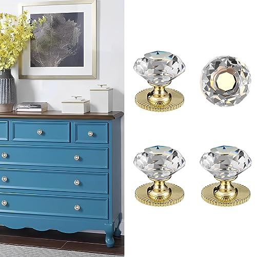 Elistonie Selbstklebende Kristallknäufe für Spiegelschrank, selbstklebender Griff für Kommoden, Schubladen, Schränke, 40 mm, Kristallknäufe, selbstklebende Diamant-Glasknäufe (4 Stück, transparent und