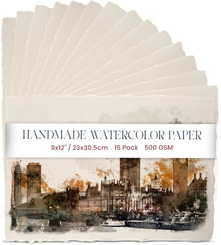 Wanderings Carta per Acquerello Spessa Fatta a Mano con Bordo Irregolare – 23×30,5 cm – 500 GSM – Carta Avorio Pressata a Freddo per Tecniche Miste in Cotone Riciclato – 15 Fogli Sfusi
