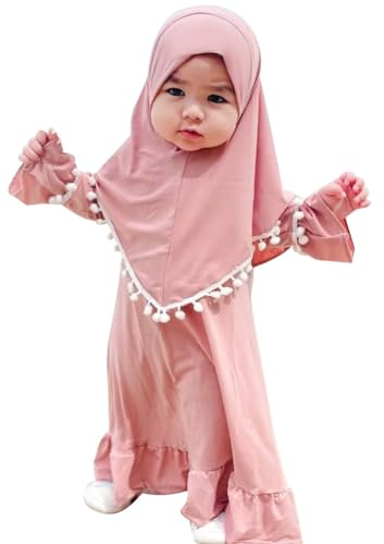 FYMNSI Baby M?dchen Gebetskleidung Muslimisches Kleid Abaya Maxikleid Mit Hijab Kleinkinder Neugeborene Islamisches Gebetskleid Ramadan Kaftan Dubai Outfit Einfarbig Zweiteilig Rosa 18-24 Monate
