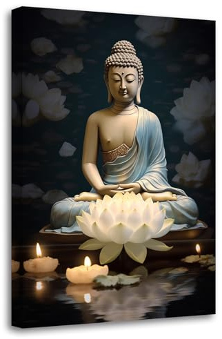 LZIMU Buddha Gemälde Zen Leinwandbilder Buddha Statue und weißes Lotusbild spirituelle Drucke Spa Kunstwerk für Yoga Meditation buddhistischer Gebetsraum(Bild-1, (40.00 x 60.00 cms))