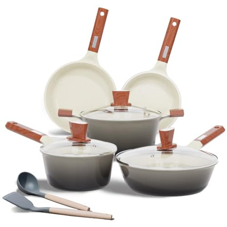 JEETEE Keramik Topfsets Pfannenset 15-Teilig, Antihaft-Granit Topf und Pfannenset Gefälle, Topfset Induktion, Kochtopf Set mit Deckel, Bratpfanne, Kasserolle, Kochtopf, PFOS/PFOA frei, Grau