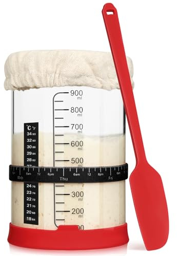 Midgod Sauerteig Starter Set, 1000ml Sauerteig Glas, Brot Backen Zubehör für Gärglas mit Spatel u. Thermometer, Fermentieren Glas Behälte mit Fütterungsband, genähter Stoffabdeckung & Silikondeckel