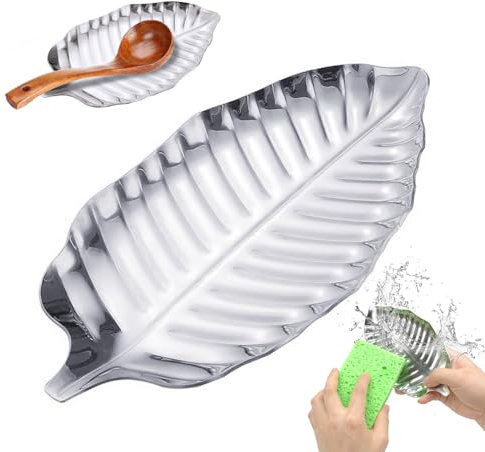 Spoon Holder Kitchen Rest, No Rust No Mold Stainless Steel Silver Tea Spoon Rest Leaf Shape Small Cooking Spoon Rest for Countertop Cutlery Spatulas Tongs, with Washing Up Sponge