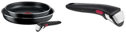 Tefal Ingenio Lot de 2 poêles 24/28 cm + poignée amovible, Non induction, Revêtement antiadhésif & Ingenio Poignée amovible noire, Empilable, Verrouillage sécurité 3 points