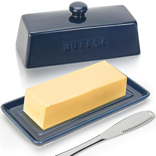 WERTIOO Butterdose mit Deckel - Butterglocke Keramik und Butterfass mit Buttermesser,Butterdose Deckel,Butterschale und Butterbox Spülmaschinengeeignet - Marineblau