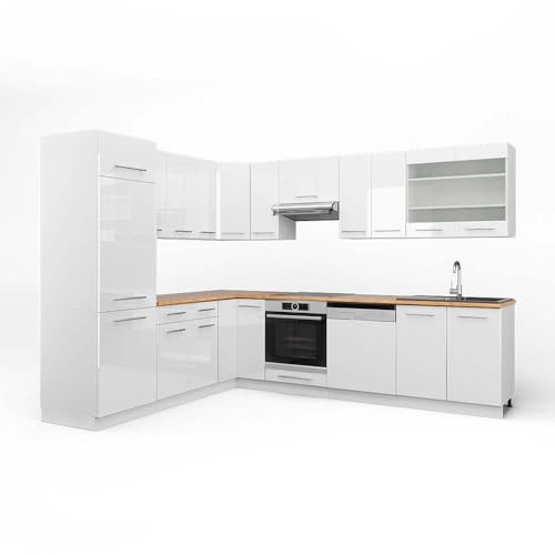 Vicco Eckküche Fame-Line, Weiß Hochglanz/Weiß, 287 x 60 cm, AP Eiche, zur individuellen Küchenplanung und modularer Erweiterung