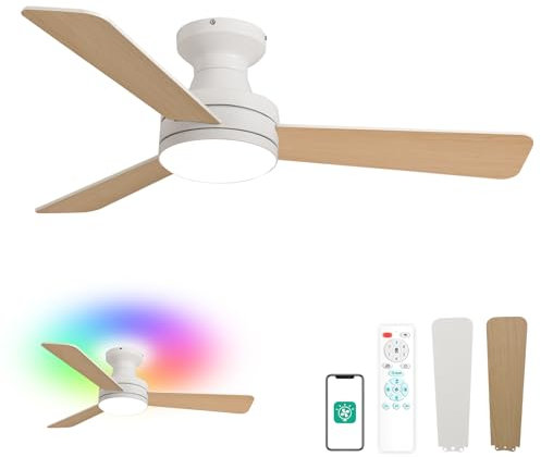 Orison 42-Inch Ceiling Fans with Lights, Low Profile, Flush Mount, Features RGB Backlight, Dimmable Lighting, 6 Speeds, 3 Reversible Blades, Remote and App Control, White