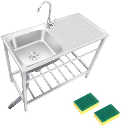 Portatil Fregadero Exterior Jardin Comercial Fregadero 75cmX40cmX75cm Fregadero Inox Con Escurridor Fregadero Simple Al Aire Libre con Soporte con kit de desagüe Fácil de montar Polivalente