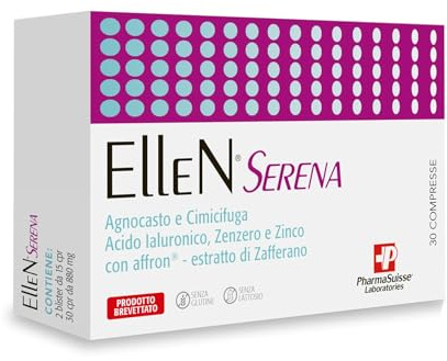 Ellen Serena Integratore Alimentare per Donne in Menopausa - a base di Agnocasto, Cimicifuga, Zenzero e Zafferano, con Acido Ialuronico e Zinco - 30 compresse - Prodotto brevettato