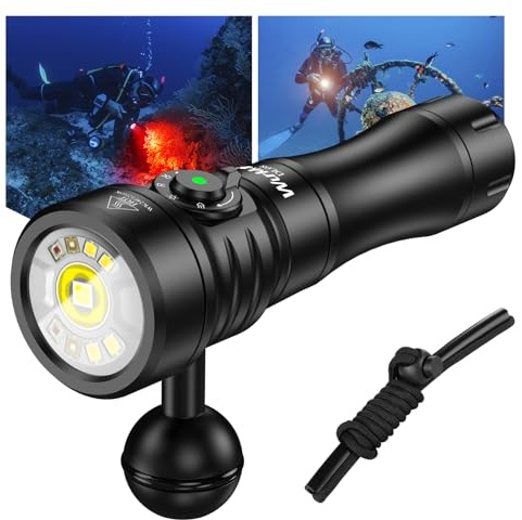 Wurkkos DL08 Dive Light, 3600 Lumens Rechargeable Scuba Underwater Lights with Red and UV Light, IP68 Underwater Video with Infinite Brightness Adjustment and 5000mAh Battery for Night Diving