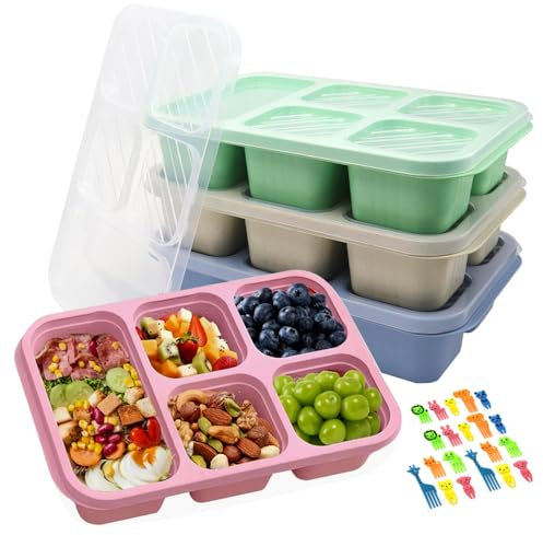GYSRXS 4 Pezzi Scatole Snack con 5 Scomparti Contenitori per Snack per Bambini e Adulti con Coperchi Trasparenti e 20×Forchetta di Frutta Bento per Scuola Lavoro Picnic