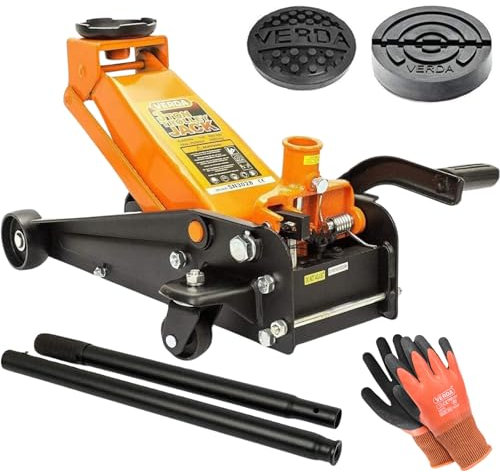 Verda Hydraulischer Wagenheber 3T mit Fußpedal, 130-490mm, 2X Gummi, Profilmesser, Handschuhe Rangierwagenheber Heber, PKW, Profi, Auto, Werkstatt, Wohnmobil, Geländewagen, Doppelpumpsystem