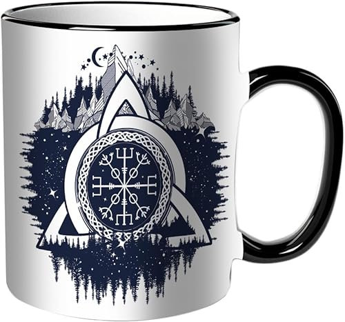 KDWJS Tasse Keramik Kaffeetassen Große 11oz Tassen 330ml Trinkgläser Mit Griff Personalisierte Geschenk Weiß,Keltischer Dreifaltigkeitsknoten, Helm der Ehrfurcht, Aegishjalmur-Tätowierung. Skandinavi