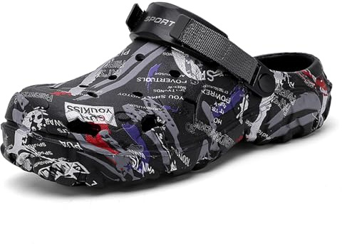 FLIOZY Herren Clogs im Tarnmuster – Leichte Wasserschuhe mit Verstellbarem Fersenriemen – Atmungsaktive Garten- und Outdoor-Gummischuhe für Strand, Pool, Garten und Sommerwanderungen Black 43
